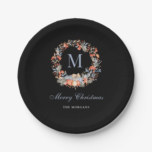 Elegant Monogram Wreath Chic Black Christmas Party ペーパープレート (正面)