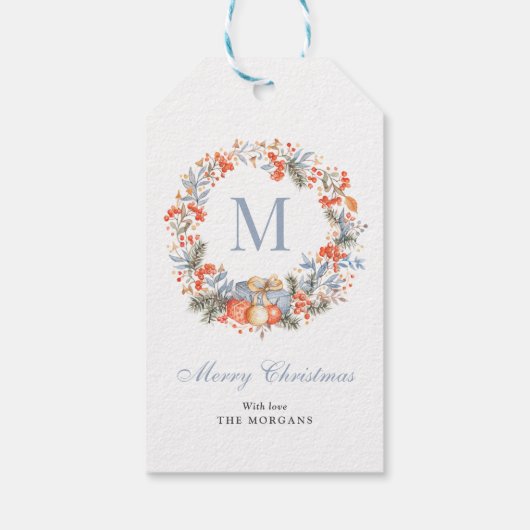 Elegant Monogram Wreath Dusty Blue Christmas ギフトタグ (裏面)