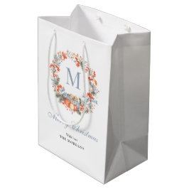 Elegant Monogram Wreath Dusty Blue Christmas ミディアムペーパーバッグ