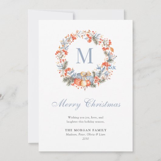 Elegant Monogram Wreath Dusty Blue Modern シーズンカード (正面)