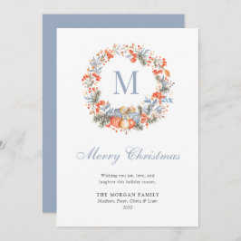 Elegant Monogram Wreath Dusty Blue Modern シーズンカード