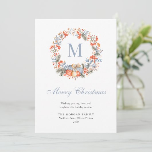 Elegant Monogram Wreath Dusty Blue Modern シーズンカード (スタンド正面)