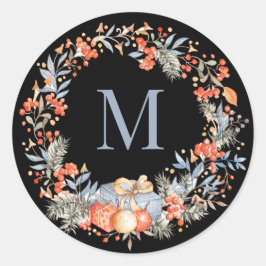 Elegant Monogram Wreath Dusty Blue Modern ラウンドシール