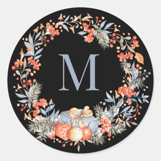 Elegant Monogram Wreath Dusty Blue Modern ラウンドシール (正面)