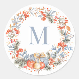 Elegant Monogram Wreath Dusty Blue Modern ラウンドシール