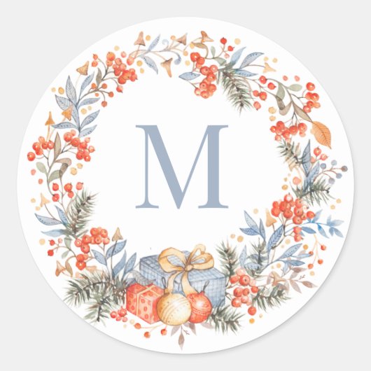 Elegant Monogram Wreath Dusty Blue Modern ラウンドシール (正面)