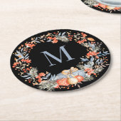 Elegant Monogram Wreath Dusty Blue Modern ラウンドペーパーコースター (アングル)