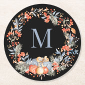 Elegant Monogram Wreath Dusty Blue Modern ラウンドペーパーコースター (正面)