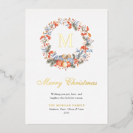 Elegant Monogram Wreath Dusty Blue Modern 箔シーズンカード (正面)