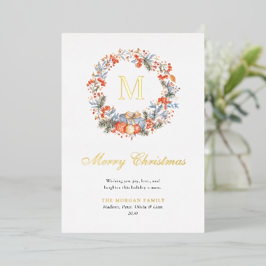 Elegant Monogram Wreath Dusty Blue Modern 箔シーズンカード (立ち正面)