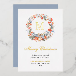 Elegant Monogram Wreath Dusty Blue Modern 箔シーズンカード