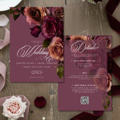 Elegant Moody Rust Burgundy Floral QR Code Wedding 招待状