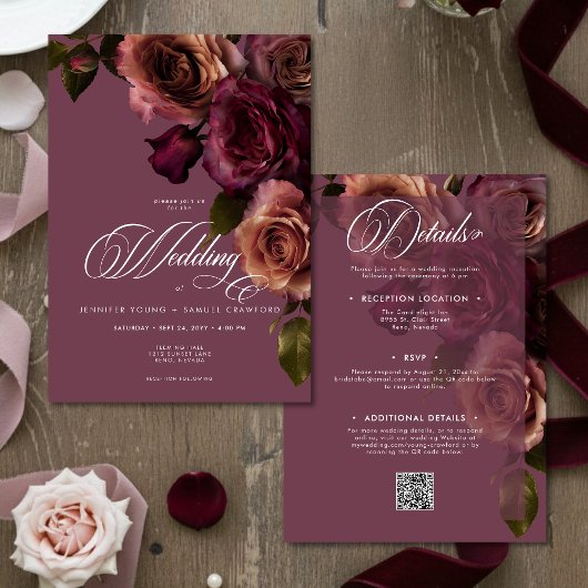 Elegant Moody Rust Burgundy Floral QR Code Wedding 招待状