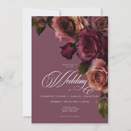 Elegant Moody Rust Burgundy Floral QR Code Wedding 招待状 (正面)