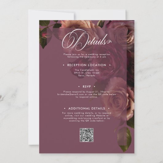 Elegant Moody Rust Burgundy Floral QR Code Wedding 招待状 (裏面)