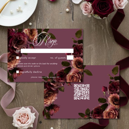 Elegant Moody Soft Rust & Burgundy Floral QR Code 出欠カード