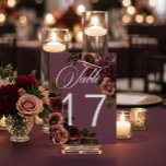 Elegant Moody Soft Rust & Burgundy Floral Wedding テーブルナンバー<br><div class="desc">Embrace timeless elegance for your gothic-inspired celebration with our captivating table number card. A soft burgundy wine background provides the perfect canvas for a captivating, yet understated bouquet. Imagine a corner arrangement of muted rose blooms, where soft rust blush and rich burgundy hues mingle with dark green foliage. This ethereal...</div>