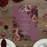 Elegant Moody Soft Rust & Burgundy Floral Wedding メニュー<br><div class="desc">Embrace timeless elegance for your gothic-inspired celebration with our captivating small card wedding menu. A soft burgundy wine background provides the perfect canvas for a captivating, yet understated bouquet. Imagine a corner arrangement of muted rose blooms, where soft rust blush and rich burgundy hues mingle with dark green foliage. This...</div>