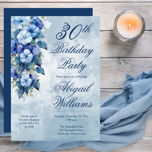 Elegant Morning Glories Blue Floral 30th Birthday  招待状