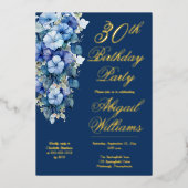 Elegant Morning Glories Blue Floral 30th Birthday  箔招待状 (正面)