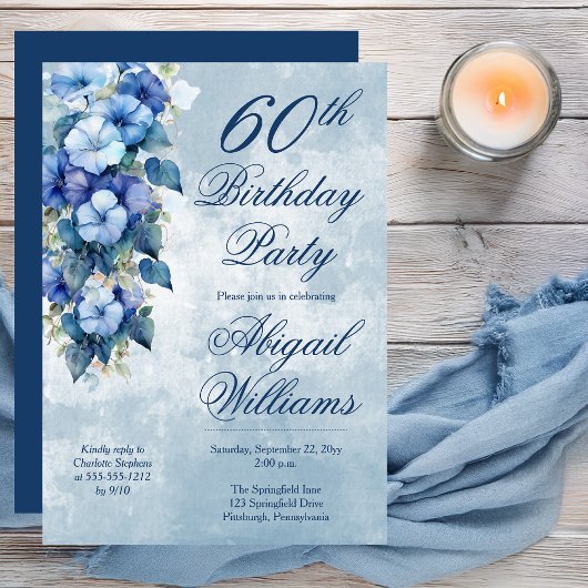 Elegant Morning Glories Blue Floral 60th Birthday  招待状