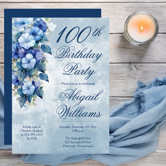 Elegant Morning Glory Blue Floral 100th Birthday  招待状