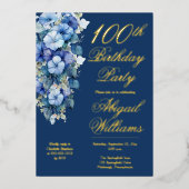 Elegant Morning Glory Blue Floral 100th Birthday 箔招待状 (正面)