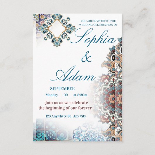 Elegant Moroccan Tile Wedding Invitation エンクロージャーカード (正面)
