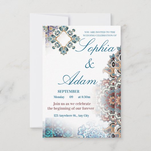 Elegant Moroccan Tile Wedding Invitation サンキューカード (正面)