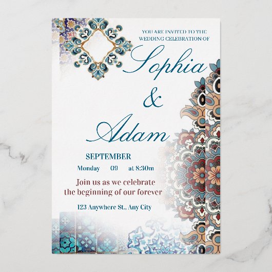 Elegant Moroccan Tile Wedding Invitation 箔招待状 (正面)