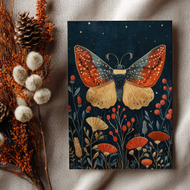 Elegant Moth Autumn Foliage Navy Blue Christmas  ポストカード