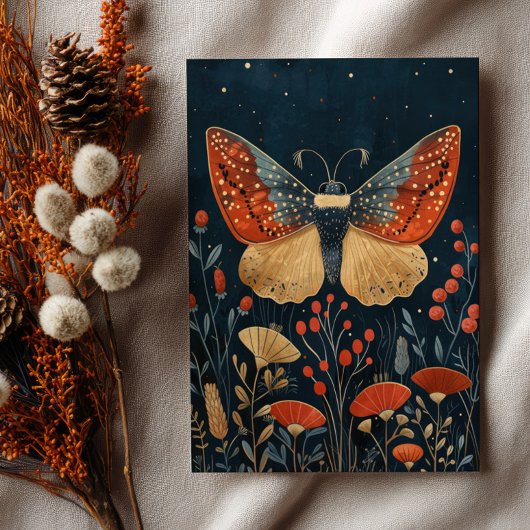 Elegant Moth Autumn Foliage Navy Blue Christmas  ポストカード