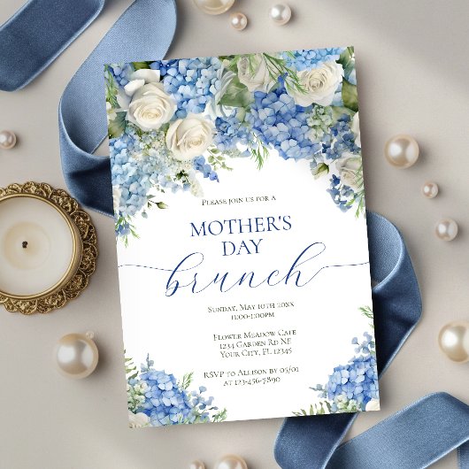 Elegant Mother's Day Brunch Blue Hydrangea Flowers 招待状