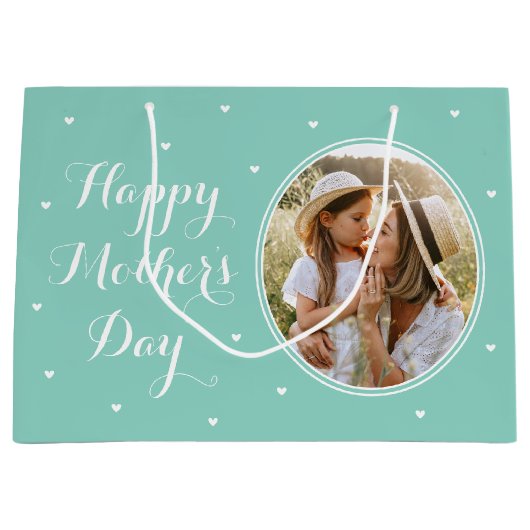 Elegant Mother's Day Custom Photos Mint White ラージペーパーバッグ (正面)