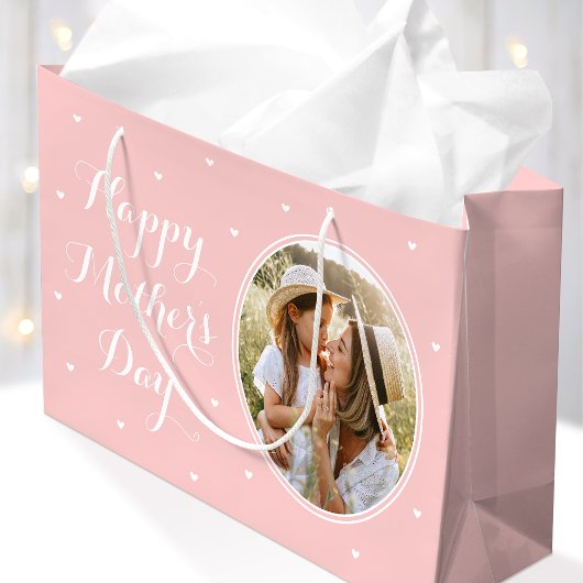 Elegant Mother's Day Custom Photos Pink White ラージペーパーバッグ