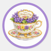 Elegant Mother's Day Teacup & Purple Violets ラウンドシール (正面)
