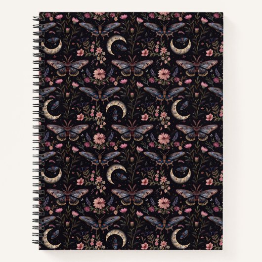 Elegant Moths Flowers and Moons Mystical Pattern ノートブック (正面)