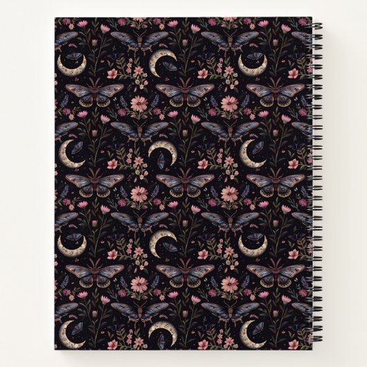 Elegant Moths Flowers and Moons Mystical Pattern ノートブック (裏面)