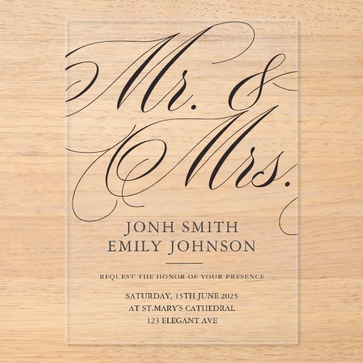 Elegant Mr & Mr Script Calligraphy アクリル招待状 (正面)