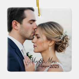 Elegant Mr. & Mrs. Custom Wedding Photo Monogram  セラミックオーナメント