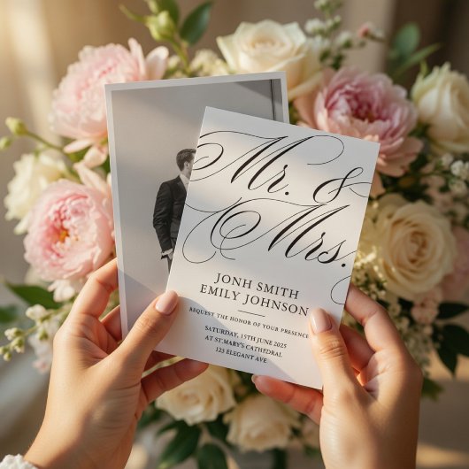 Elegant Mr & Mrs Wedding Photo Script Calligraphy  招待状