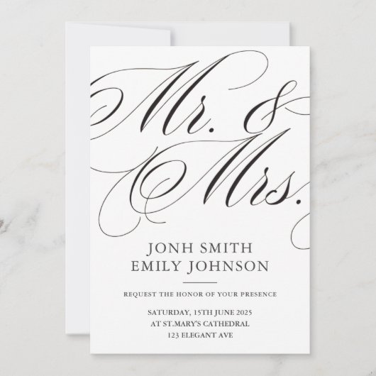 Elegant Mr & Mrs Wedding Photo Script Calligraphy  招待状 (正面)