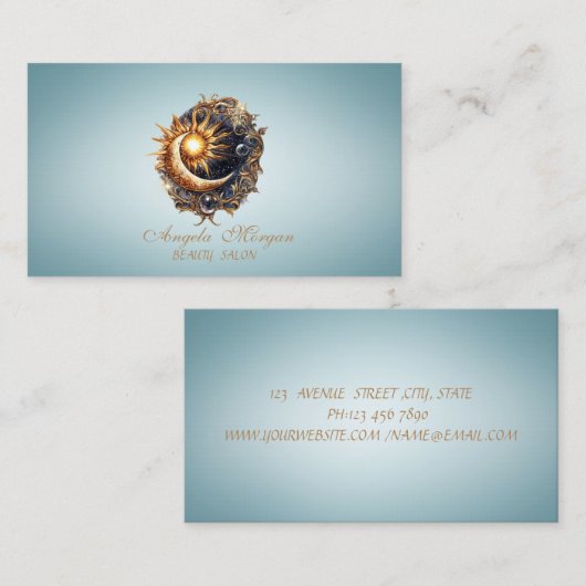 Elegant Mystical Sun Moon Blue Business Card 名刺 (正面/裏面)