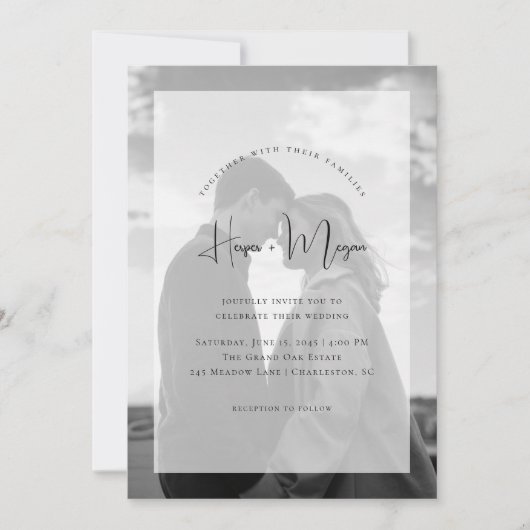 Elegant NAMES script Vellum Overlay Photo Wedding 招待状 (正面)