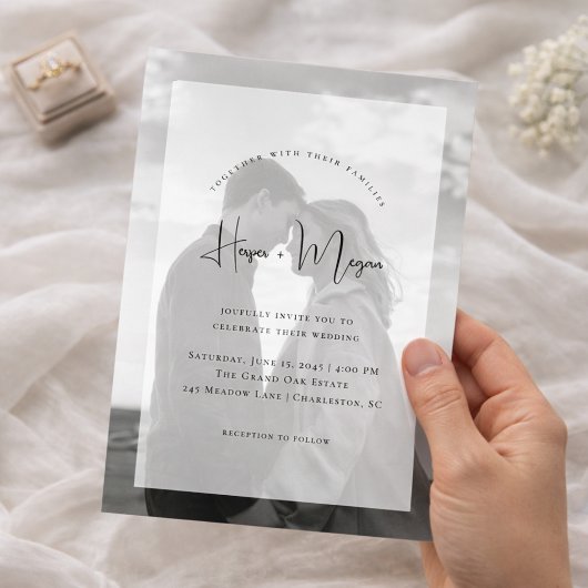 Elegant NAMES script Vellum Overlay Photo Wedding 招待状