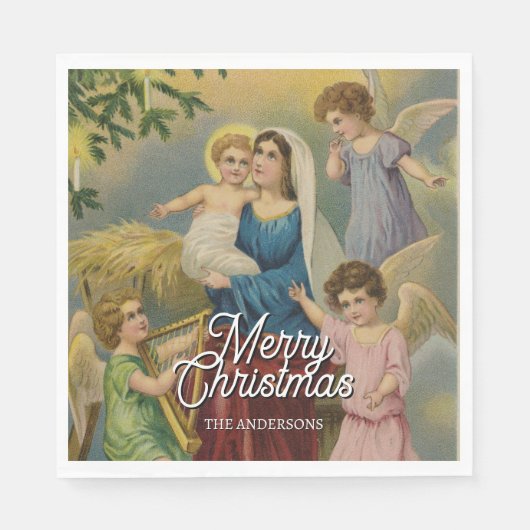 Elegant Nativity Mary Baby Jesus Angels スタンダードランチョンナプキン (正面)