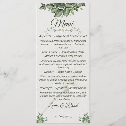 Elegant Natural Greenery Foliage Wedding Menu メニュー (正面)