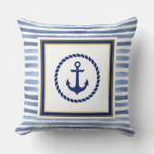 Elegant Nautical Blue Anchor and Light Blue Stripe クッション (正面)