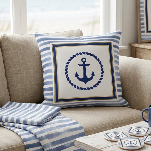 Elegant Nautical Blue Anchor and Light Blue Stripe クッション