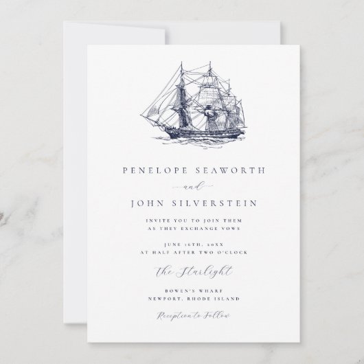 Elegant Nautical Boat Illustration Wedding 招待状 (正面)